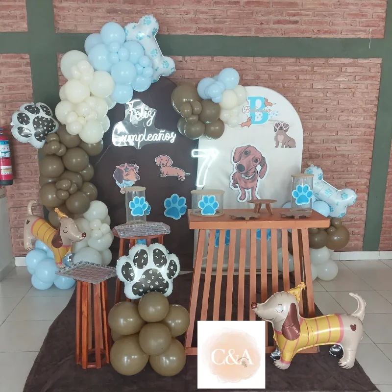 Wooden Slat Table with Dachshund Cutouts, Neon Number, and Paw-Print Clusters