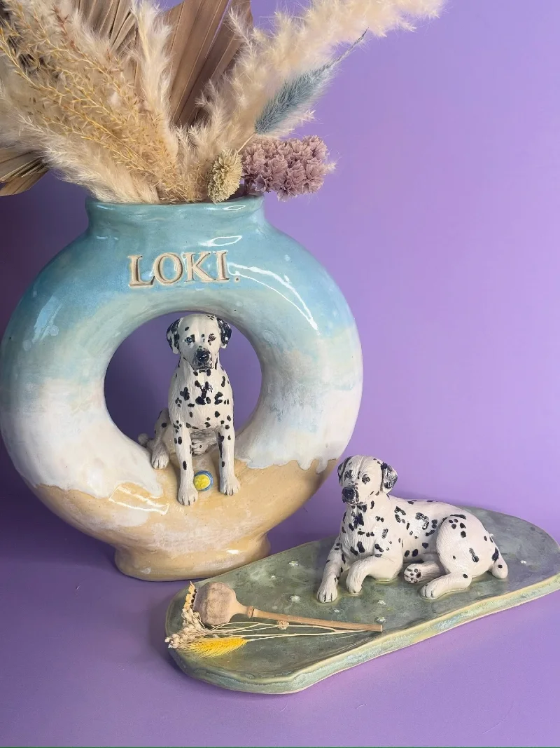 Blue Glazed Ceramic Donut Vase and Matching Tray with Dalmatian Sculptures