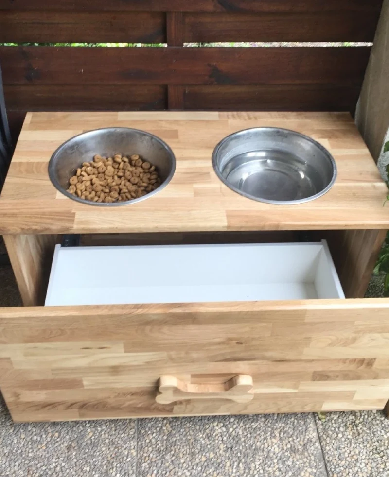 Butcher Block Feeding Station with Bone-Shaped Handle and Bottom Drawer