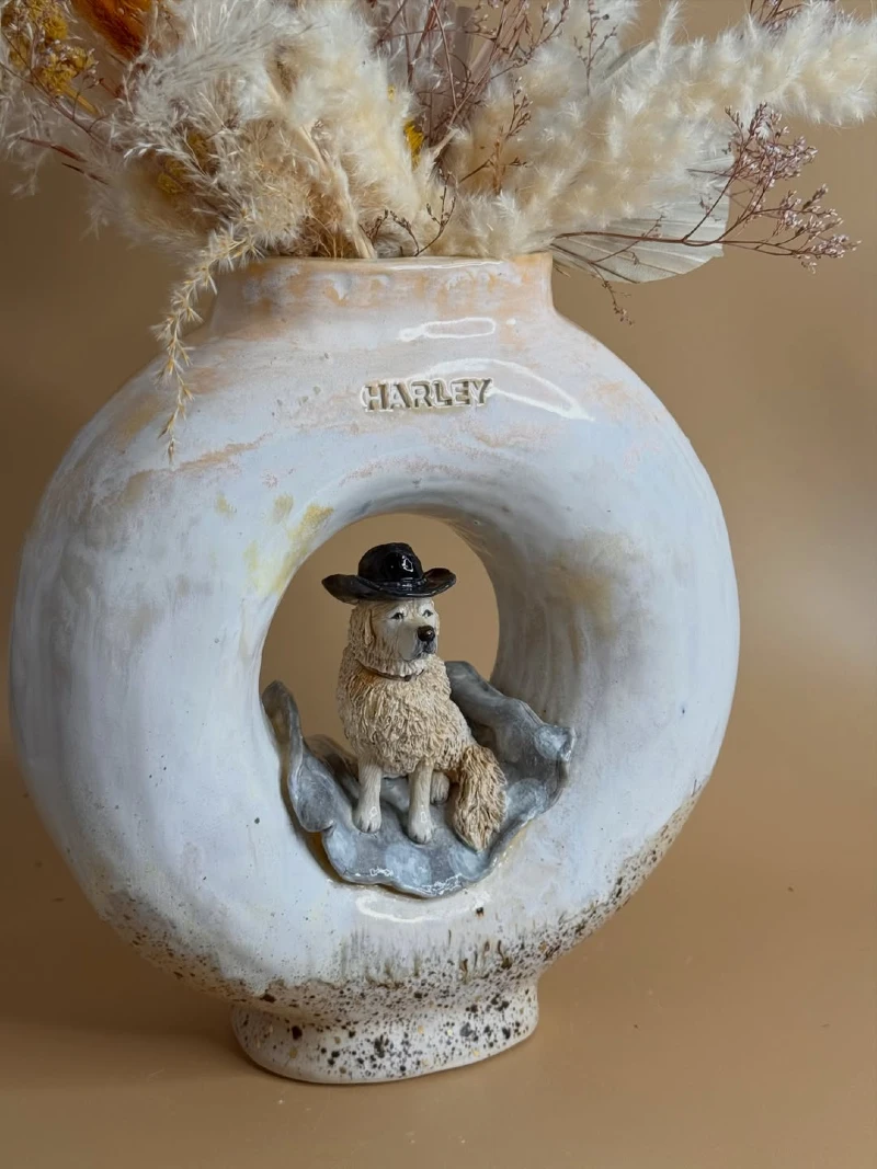 Ceramic Donut Vase with Sculpted Cowboy Dog Inside