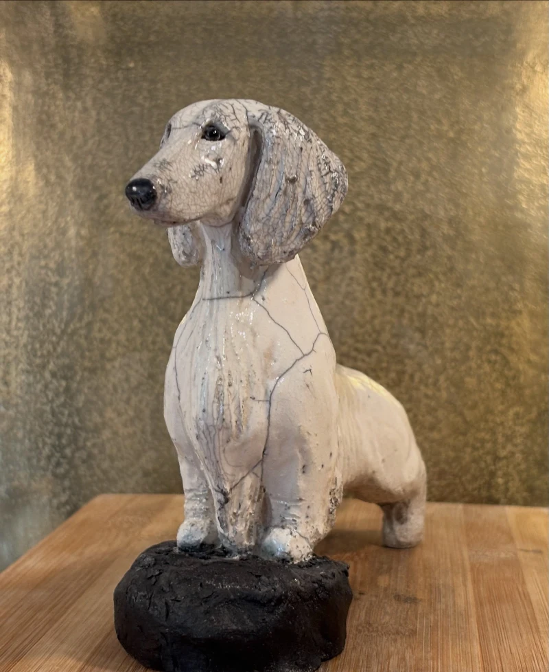 Crackle-Glazed White Dachshund Figurine on Dark Stone Base