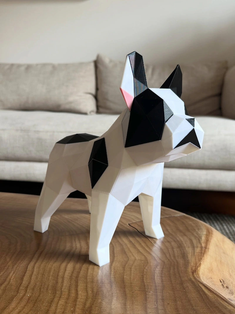 Geometric Low-Poly French Bulldog Figurine on Live-Edge Coffee Table