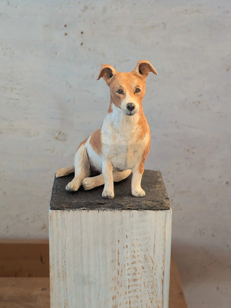 Hand-Carved Wooden Jack Russell Terrier on Rustic Pedestal