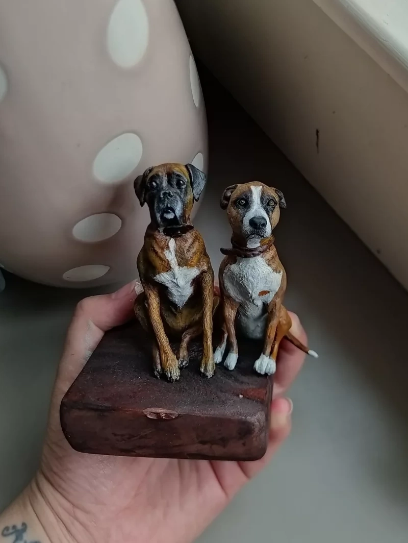 Hand Held Wooden Base with Two Sculpted Boxer Dogs