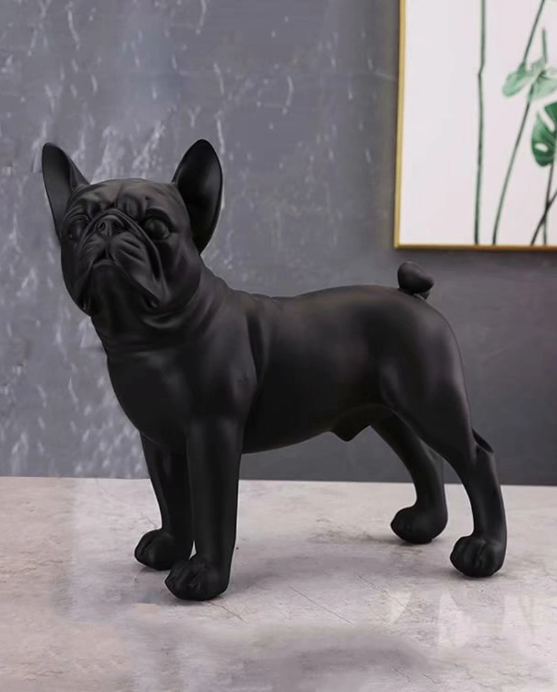 Matte Black French Bulldog Statue on Marble Surface