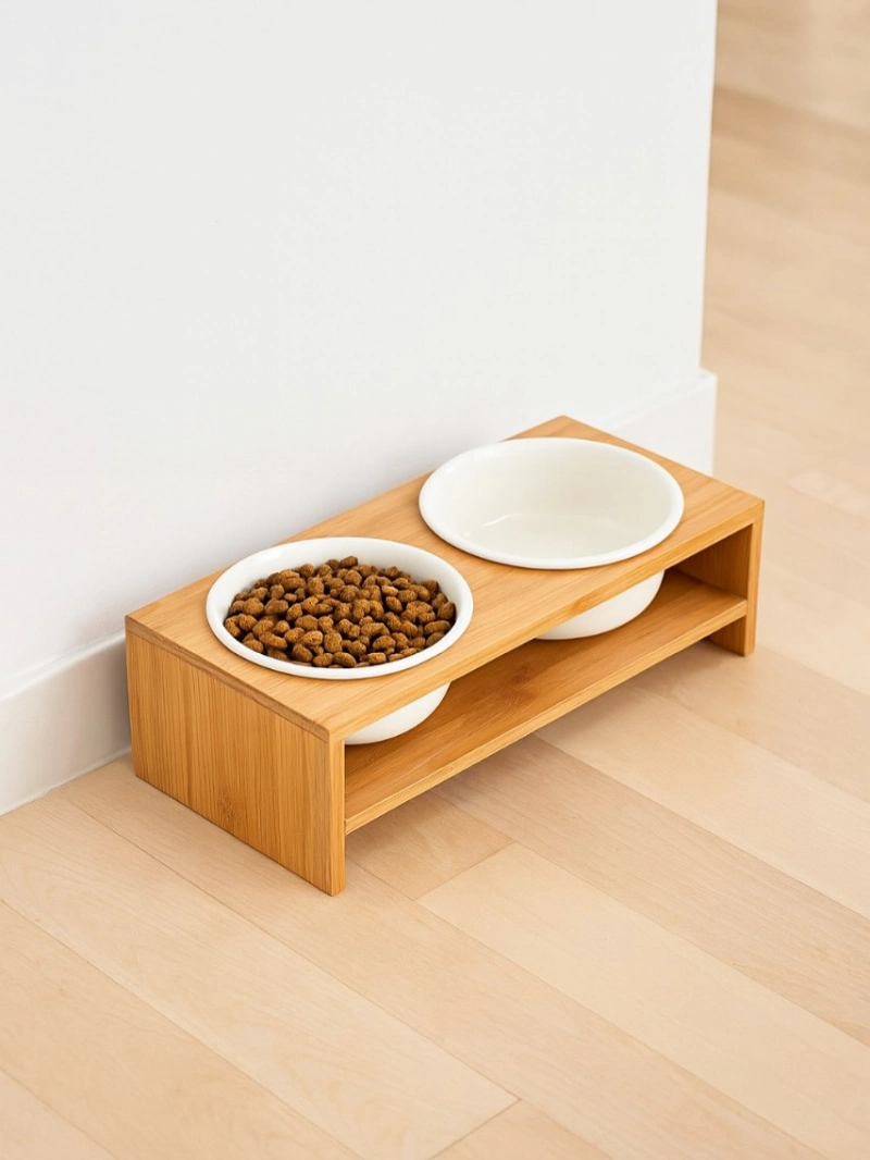 Minimalist Bamboo Raised Feeder Stand with White Ceramic Bowls