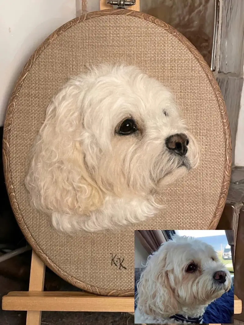 Needle-Felted White Poodle Portrait in Wooden Embroidery Hoop