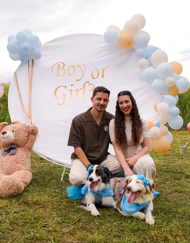 Round Backdrop Banner with Couple, Teddy Bear, and Two Dogs in Blue Bandanas