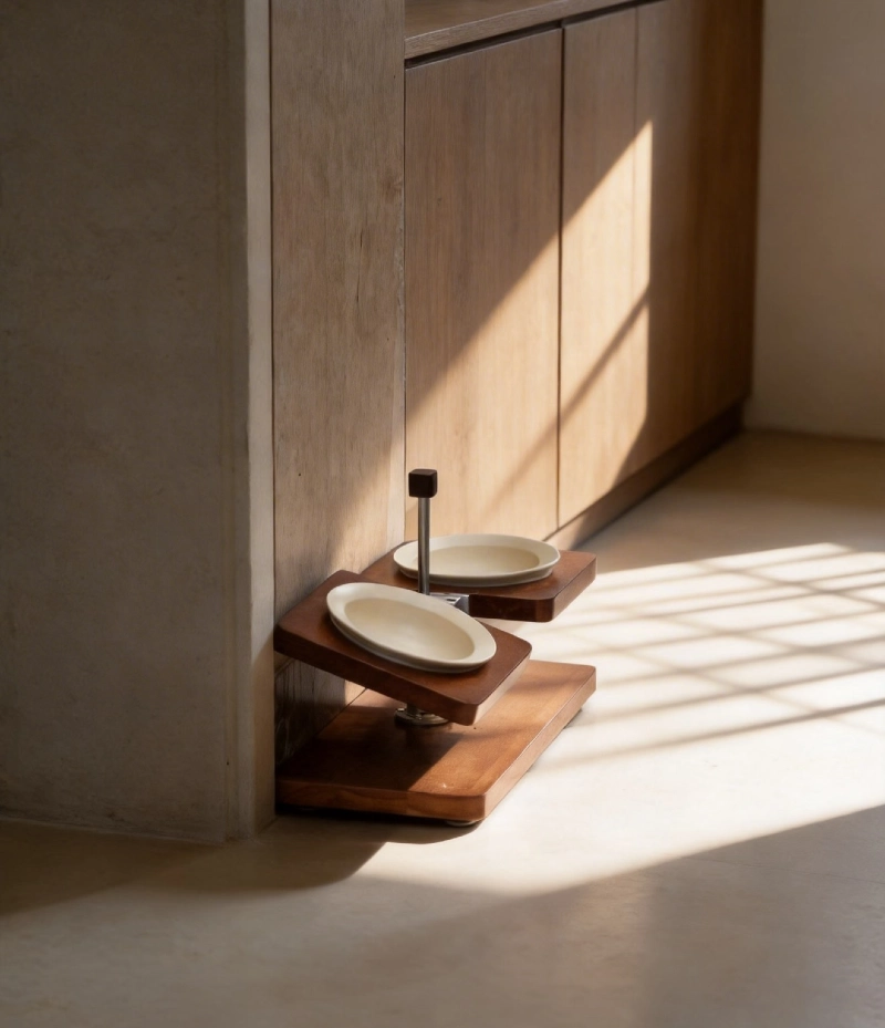 Tiered Wooden Swivel Feeder Stand with Angled Cream Ceramic Bowls