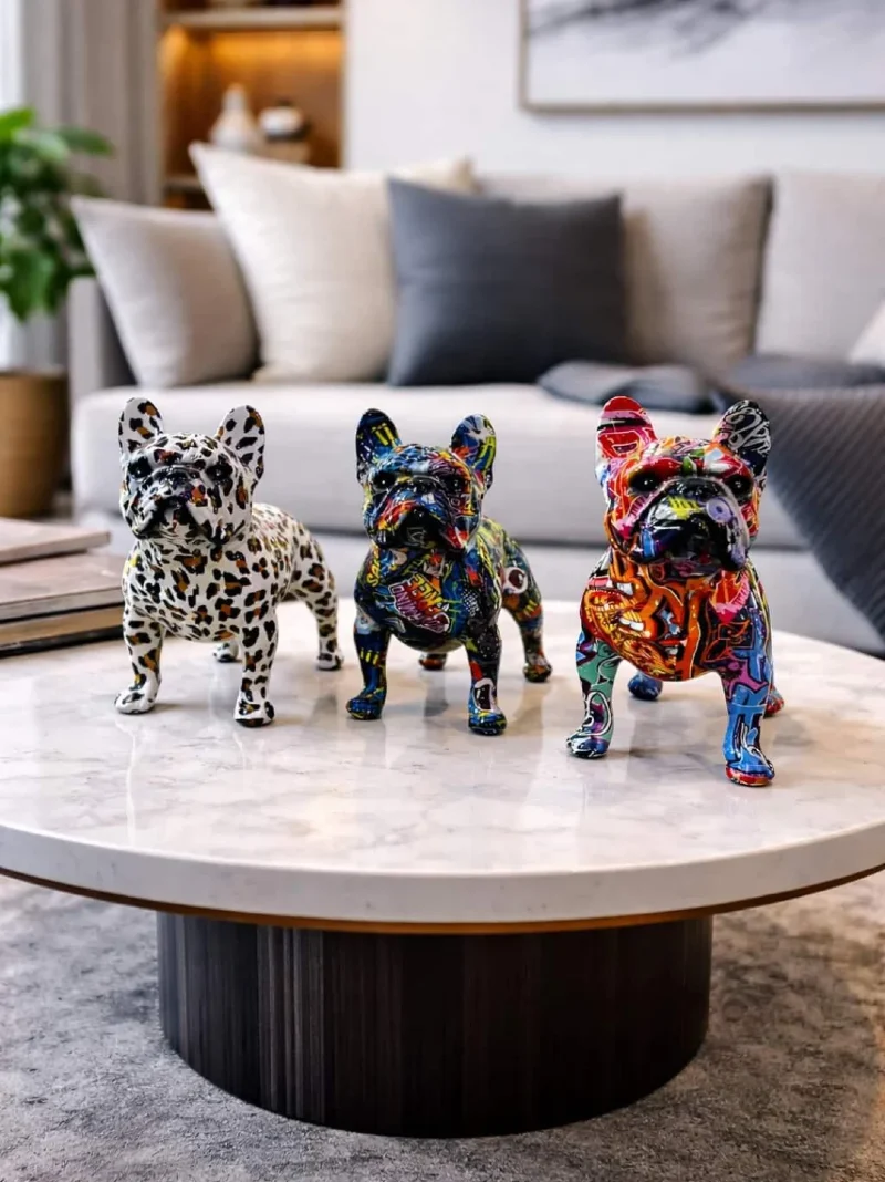 Trio of Painted French Bulldog Statues on Marble Coffee Table