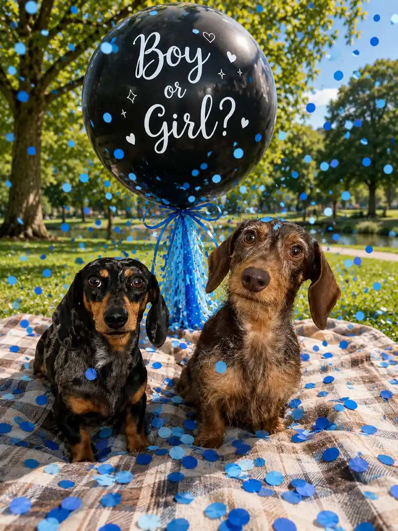 Two Dachshunds on a Plaid Blanket Under a Black Boy or Girl Balloon with Falling Confetti