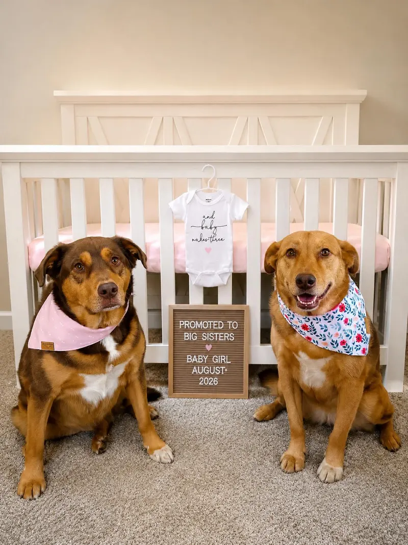 Two Dogs Sitting in Front of a White Crib with a Letter Board and Baby Onesie