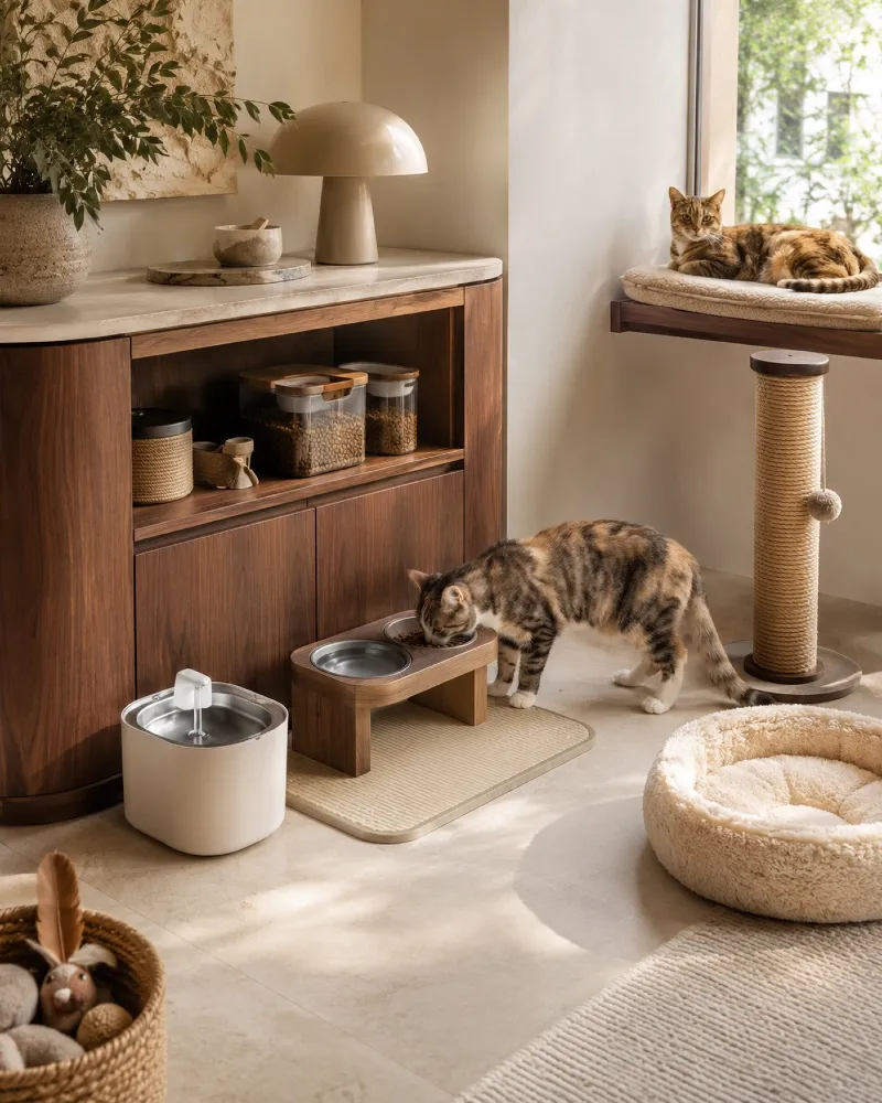 Walnut Credenza Pet Corner with Elevated Double Bowls and Water Fountain
