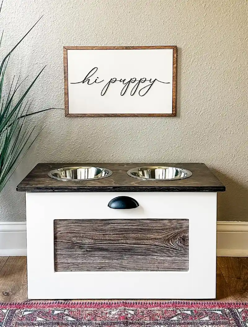 White Storage Box Feeder with Dark Wood Top and Framed Front Panel