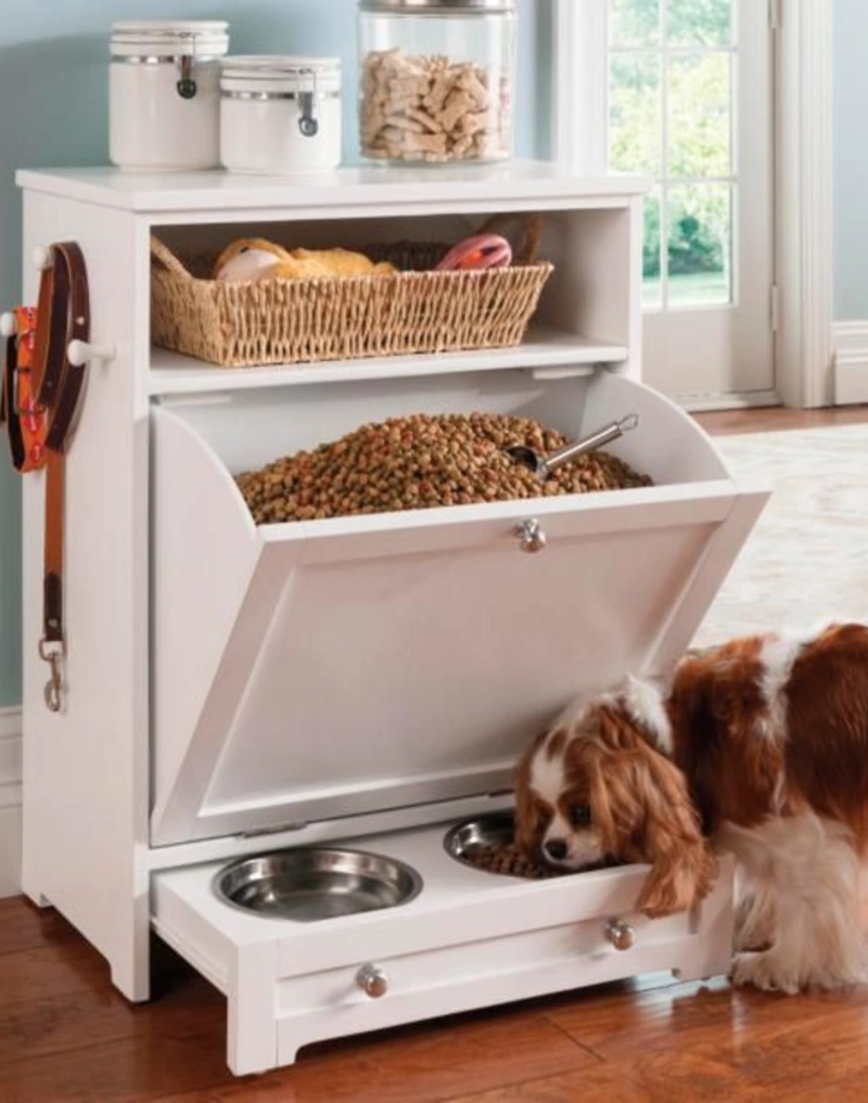 White Storage Cabinet with Tilt-Out Kibble Bin and Pull-Out Bowls