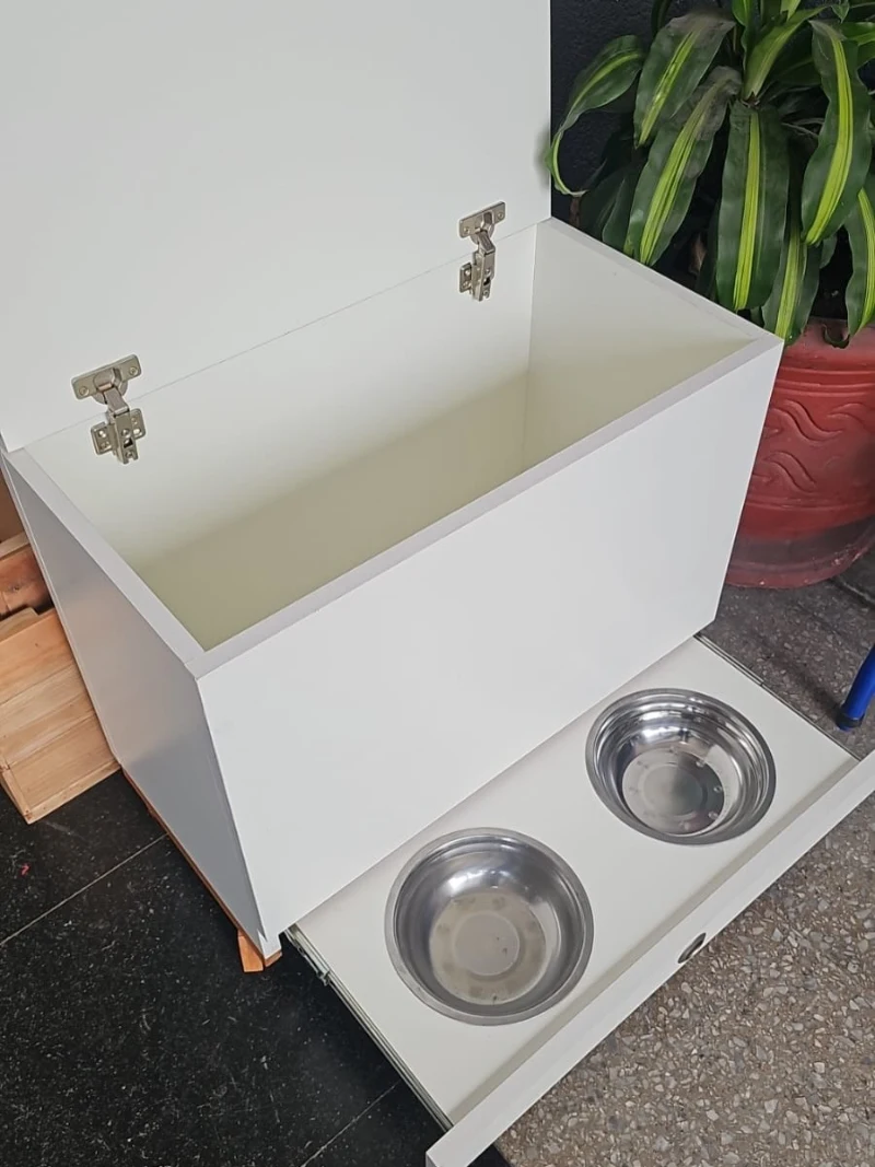White Storage Chest with Hinged Top and Slide-Out Bowl Drawer